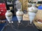 3 Matching Pottery/Brass Plate Vases on Metal Stands Wide Body Narrow Neck/Base