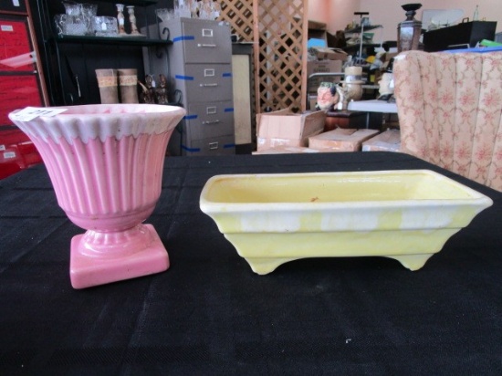 Ceramic Lot - Yellow McCoy Planter 10 1/2" W, Pink Grecian Column Design Planter
