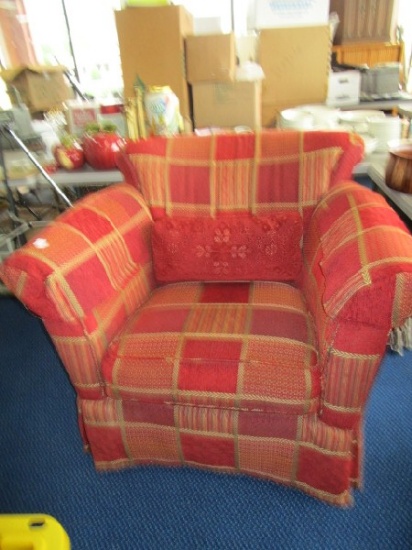 Pearson Red/Gold Upholstered Square Pattern Arm Chair, Wood Tapered Legs