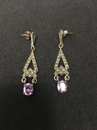 Pair - 925 Marcasite & Amethyst Stone Inlay Dangle Earrings