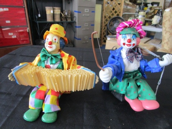 Pair - Musical Clowns Wind-Up Blue/Yellow, Violin/Accordion Motif Ceramic/Porcelain Faces