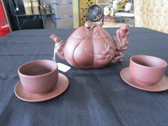 CCCI Brown Clay Tea Set, 2 Saucers, 2 Cups, Monkey/Tree/Nut Design Teapot