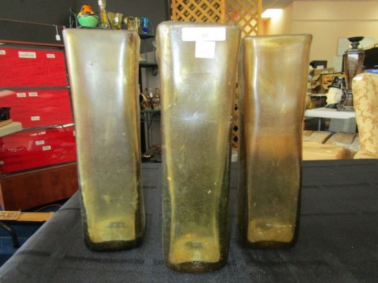 3 Green Glass Vases 11 1/2" H