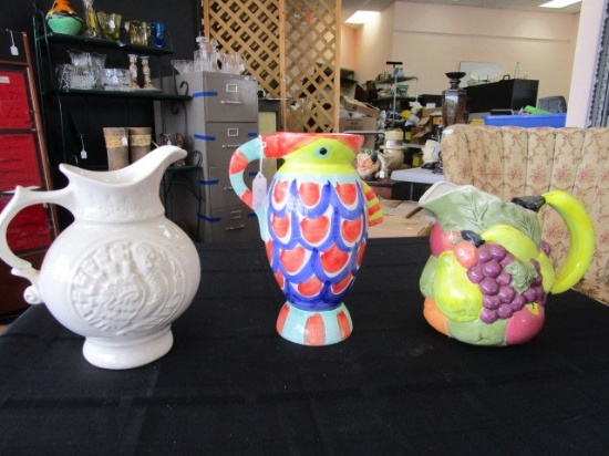 Lot - 3 Water Pitchers, 1 White Ceramic Turkey Motif, 1 Colorful Fish Design