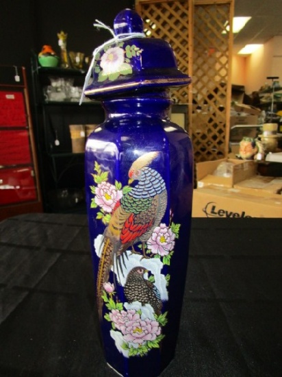 Ornate Peacock Hand Painted Blue Ceramic Tall Jar w/ Lid, Gilted Trim/Motif