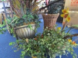 Lot - Wicker Baskets w/ Faux Plants, Scalloped, Antique Patina Planter