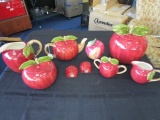 Red Apple Design Ceramic Lot - Teapot, 2 Cookie Jars, Creamer/Sugar, Salt/Pepper