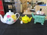 3 Ceramic Teapots, 1 Yellow w/ Tulips, 1 Rose Motif, 1 Vintage Stove by Cardinal Inc.
