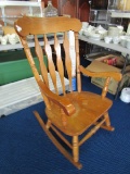 Wooden Spindle-Back Rocker, Curved Arms, Spindle Columns