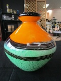 Wide-Body Art Glass Vase, Narrow Top, Black/Orange/Green