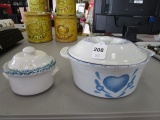 Ceramic Microwave Casserole Dishes w/ Handles w/ Blue Heart Motif/Lids