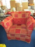 Pearson Red/Gold Upholstered Square Pattern Arm Chair, Wood Tapered Legs