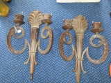 Pair - Metal Ornate Scalloped Top, Curled Twin Armed Candle Holders, Column Body