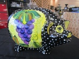 Ceramic Pig Décor Black w/ White Dots, Grape Motif Sides