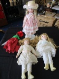 Lot - 4 Porcelain Dolls, 1 w/ Pink Dress w/ Stand