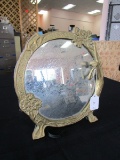 Brass Frame Floral/Nymph Design Makeup Mirror, Flat Back, Stand Snapped