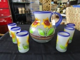 Large Glass Sunflower Motif Pitcher w/ 5 Matching Cups