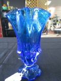 Blue Art Glass Vase Crimped Rim
