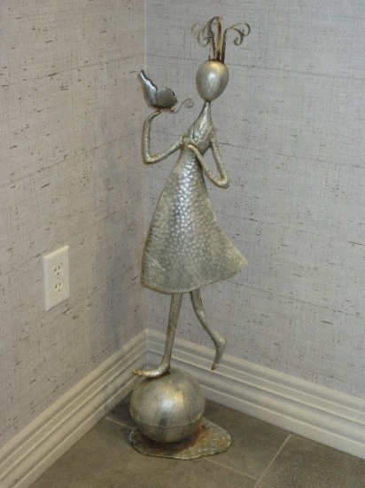 Whimsical Tin Sculpture Girl Holding Butterfly Sphere Base weathered Patina
