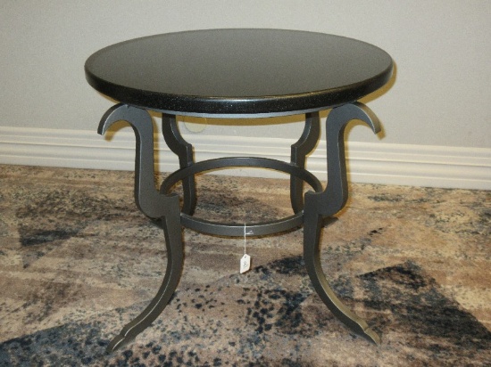 Transitional Modern Design Gray Metal Base End Table w/ Round Black Granite Top