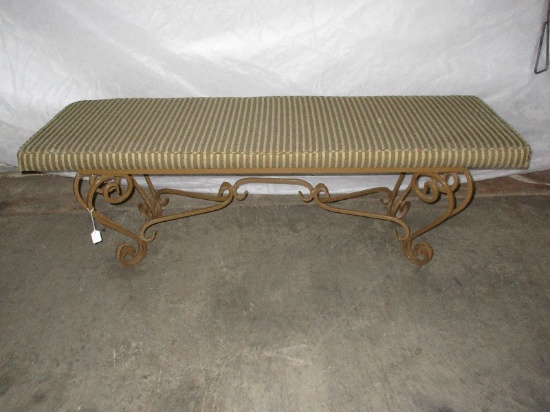 Traditional Spanish Scroll Design Antiqued Patina Metal Base Bench w/ Striped Upholstery