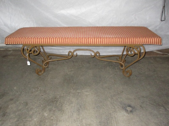 Traditional Spanish Scroll Design Antiqued Patina Metal Base Bench w/ Striped Upholstery