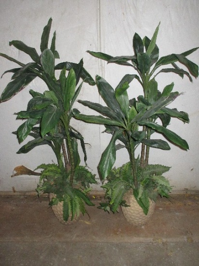 Pair - Textured Dimple Pattern Planters w/ Tropical 55" Silk Plants