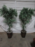 Pair - Tin Embossed Foliage Pattern Planters w/ Silk Maple 77