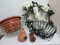 Lot - 2 Metal Wire Hanging Baskets, Terra Cotta Pear w/ Stem Leaf Birdhouse