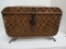 Decorative Brown Wicker Chest w/ Hinged Lid, Ornate Latch & Ball Feet, Metal Frame