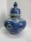Large Semi-Porcelain Temple Jar w/ Lid Cobalt Chinese Guardian Lions & Dogs Medallion