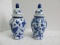 Pair - Semi-Porcelain Blue/White Chinese Butterflies Design Ginger Jars w/ Dome Lids