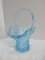 Pressed Glass Azure Blue Diamond Pattern Basket w/ Applied Handled