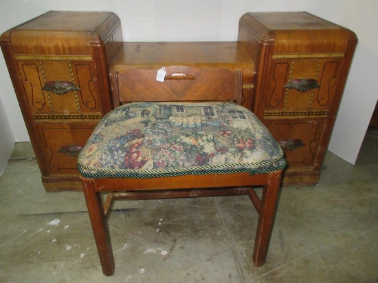 Depression Era Waterfall Style Vanity w/ Bakelite Pulls Faux Marquetry Trim