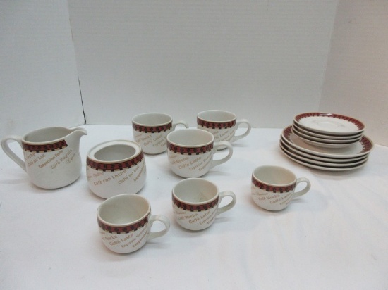 16 Pieces - Crown Stoneware Coffee Theme Cups, Saucers, Creamer & Sugar Bowl