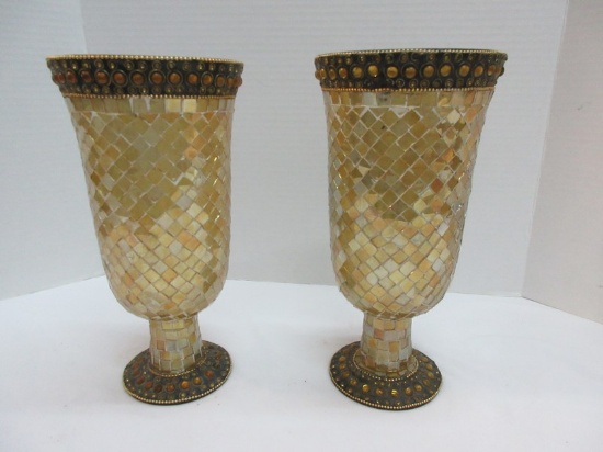 Pair - Mosaic Design Pedestal Hurricane Candle Holders w/ Beaded Trim