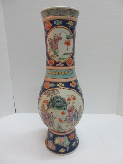 Semi-Porcelain Oriental Style 18" Vase Hand Painted Social Gathering & Landscape Scene