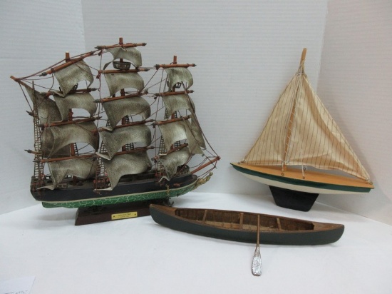 Lot - Green 15 1/2" Canoe, Wooden 12 7/8" Sailboat & Whaling Ship Clipper 1846 Model