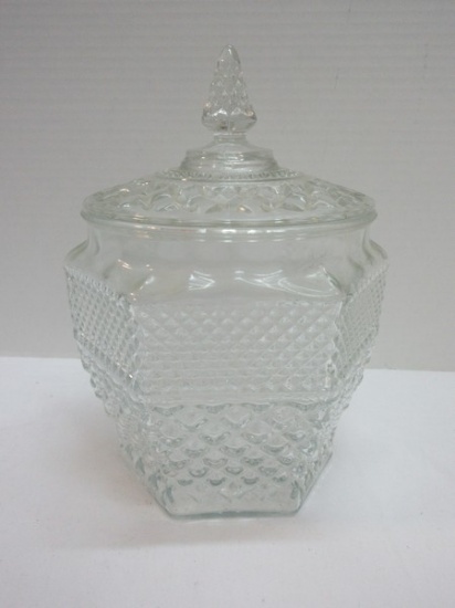 Anchor Hocking Wexford Pattern Clear Criss-Cross Design Pressed Glass Cookie Jar w/ Lid
