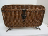 Decorative Brown Wicker Chest w/ Hinged Lid, Ornate Latch & Ball Feet, Metal Frame