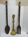 Lot - Retro Carved Large Wooden Spoon/Fork & Cast Aluminum Ladle Wall Accents