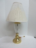 Brass Tone Plinth Base Table Lamp w/ Frosted Flower/Foliage Crystal Font