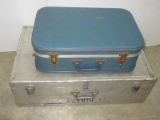 2 Vintage Travel Suitcases 1 Aluminum & Blue Case