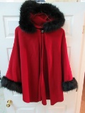 Dennis Basso Red Hood Cape w/ Fur Trim