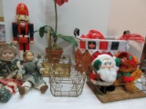 Lot - Christmas Decorative Baskets Noel Lined, Mop Doll, McDonald's Baby Fozzie Bear