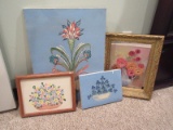 Lot - Still Life Floral Arrangements 3 on Canvas 1 on Artist Board in Shell/Beaded Trim Frame