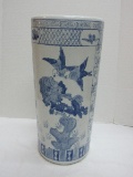 Semi-Porcelain Cylinder Blue/White Oriental Birds & Floral Design Umbrella/Cane Stand