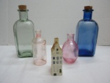 Lot - 4 Pressed Glass Bottles & Hand Painted Dutch House Porcelain Bottle 4 1/2
