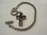 Stamped 925 18k Cross w/ Multicolor Stones Charm Toggle Bracelet End/End