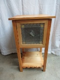 Pine Natural Finish Side Table w/ Butterfly Panel Door & Scalloped Base Shelf